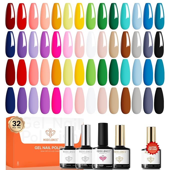 modelones 32 PCS Gel Nail Polish Set, 28 Colors Nude Red Green Blue Gel Polish with No Wipe Base Coat, Glitter & Glossy & Matte Top Coat Soak Off LED Nail Art Kit Salon at Home