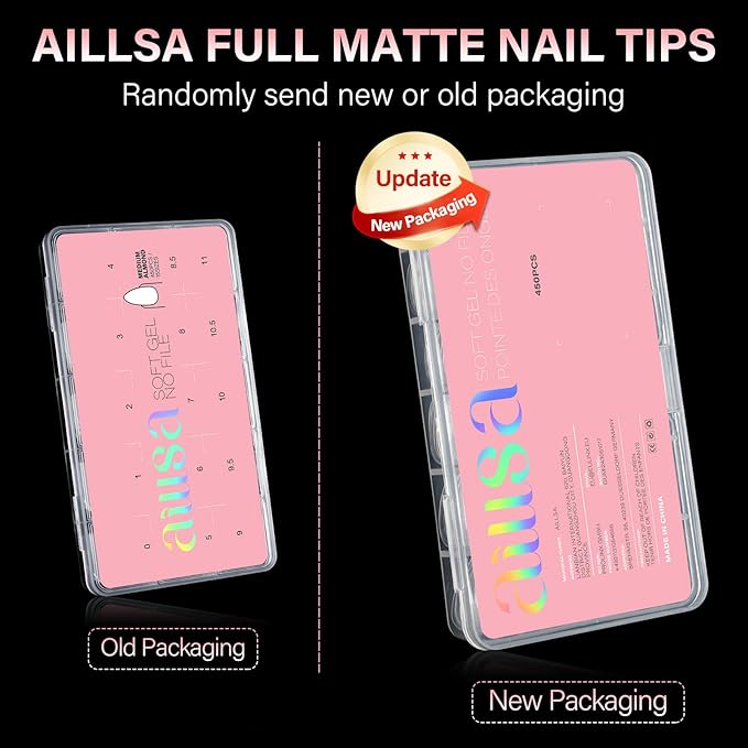 AILLSA Medium Almond Nail Tips 450PCS Full Cover Clear Acrylic Nail Tips Double-Sided Matte No Need Base Coat Press on Fake Nails Tips for Extension False Nails DIY Salon 15 Sizes