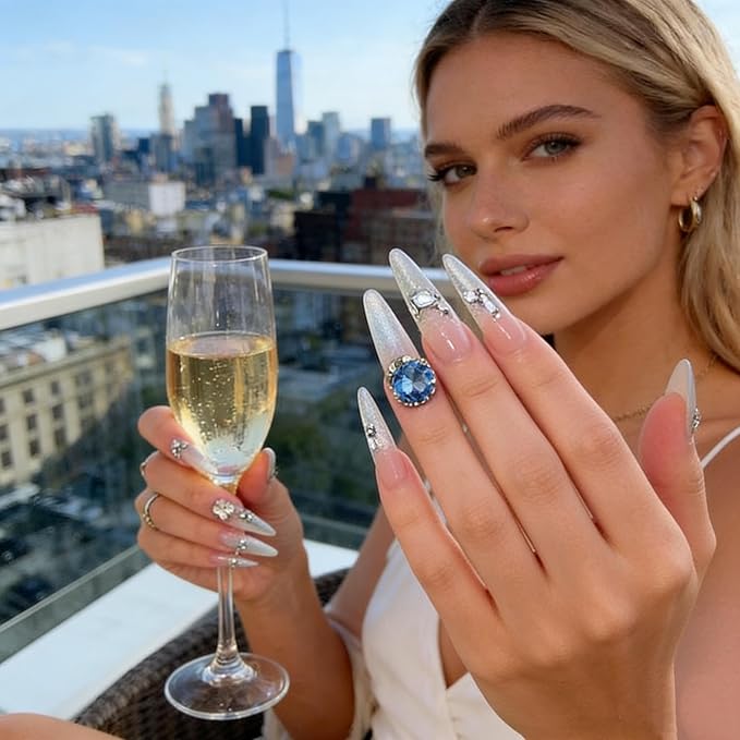 24Pcs Nude Cat Eye Press On Nails, Long AlmondFake Nails with Blue Rhinestones,Glossy Cat Eye Finish, Reusable Stick On Nails with Jelly Glue for Party & Gifts