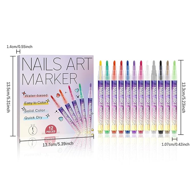 12 Colors Nail Art Pens Set ，1mm Acrylic Nail Art Polish Pen Point Graffiti Dotting Drawing Painting Liner Brush for Art Design DIY Manicure Tools