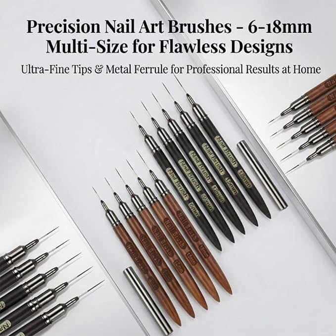 5 Pcs Nail Art Liner Brushes, Thin Detail Brushes for Gel Polish Painting, Sizes 6/9/12/15/18mm, Professional Nail Design Tools for Intricate Lines & DIY Manicure-Black