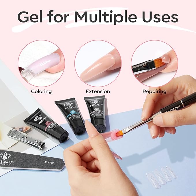 modelones Poly Extension Gel Kit 12 Colors Poly Nail Set All Seasons Colors Nude Pink Blue Glitter Builder Nail Gel French Manicure DIY Gifts for Women