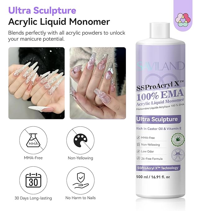 SAVILAND SSPro X Pure EMA Monomer Acrylic Nail Liquid: 500 ml 16.91 fl. oz Acrylic Liquid Low Odor Non-Yellowing Nail Monomer for Acrylic Powder Nail Extension DIY Home