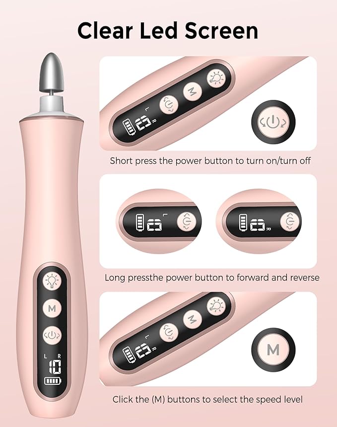 Cordless Nail Drill Electric Nail File, 10-in-1 Manicure Pedicure Kit Nail Grinder Set, 14000 RPM Rechargeable Acrylic Nail Tool, 10 Speeds LED Light LCD Display for Human, Toenails, Home(Pink)