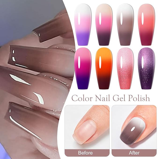 MEET ACROSS Color Changing Gel Nail Polish Set of 8 Temperature Changing Colors Including Red Pink Purple Orange Mood Changing Gel Manicure Kit for Nail Art Home DIY
