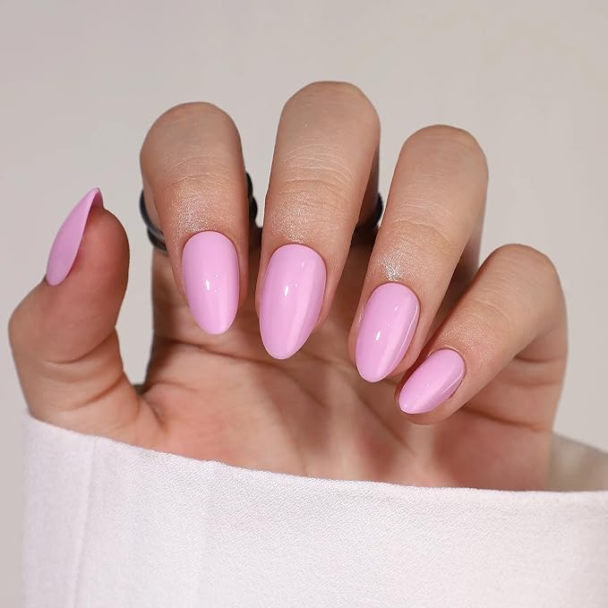 Press On Nails - Pretty In Pink | Pink Medium Almond, UV Finish, Reusable | 32 Nails, 16 Sizes Kit with Glue and Adhesive Tabs I Female Founded