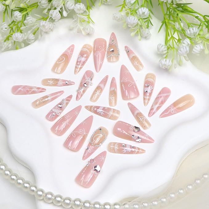 Pink Press on Nails Long Almond Cute Rabbit Bow Heart Rhinestones Fake Nails Press ons Pink French Tip Pearls Glitter Handmade Glue on Nail Acrylic Glossy Stick on Nail for Women Girls 24 Pcs
