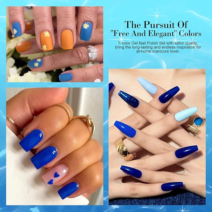 LimeGirl Gel Nail Polish Kit with U V Light, 23PCS Starter Kit with 7 Colors, Royal Blue/Glitter Navy Blue/Purple/Sunset Orange Seaside Color Collection, Salon-Grade LED Nail Lamp & Gel Polish Set
