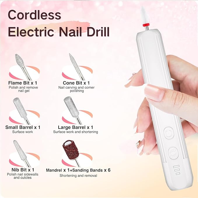 Electric Nail File Set,Professional 3 Speeds Cordless Electric Nail Drill Kit for Acrylic Gel Nails,12 in 1 Manicure and Pedicure Tools for Home Salon(White)