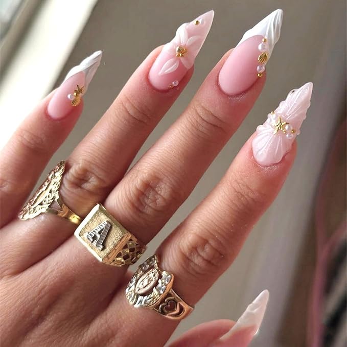 Press on Nails Medium Almond Fake Nails White French Artificial Nail with Stars and Pearl Charm Stick on Nail for Women 24pcs