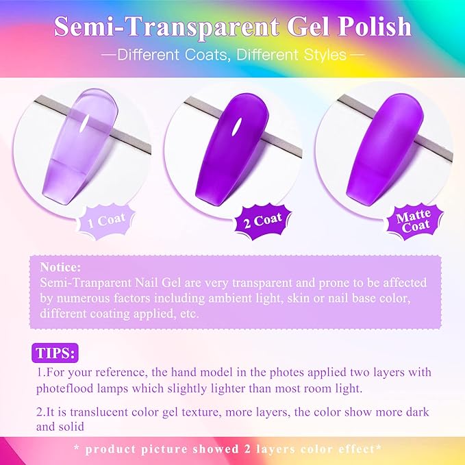 MTSSII Jelly Gel Nail Polish Translucent Neon Nail Polish Hot Pink Blue Purple Rainbow Neon Yellow Green Orange Gel Polish See Through Nail Trend Soak Off UV LED Nail Art Manicure Kit