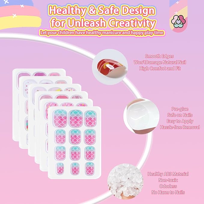 SAVILAND Creative Press on Nails for Kids: 6 Pack Children Fake Nails with 3D Stickers for 8-12 Years Girls Gifts Pre-Glue Full Cover Short Acrylic Nails Artificial False Nail Tips Nail Art Decoration