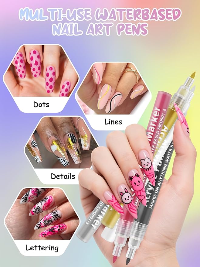 EBANKU Nail Art Pens Quick-Drying, 3D 0.7MM Acrylic Paint Pens Nail Art Markers Nail Polish Pen Nail Point Dotting Liner Pen Tools for Home & Salon Nail DIY(Gold)