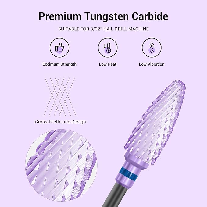 MelodySusie Ceramic Nail Drill Bit, 3/32'' (2.35mm) Professional Acrylic Nail File Flame Drill Bit for Manicure Pedicure Cuticle Gel Nail Polishing, Beginners Bits, Purple, Series Bit-S, Medium