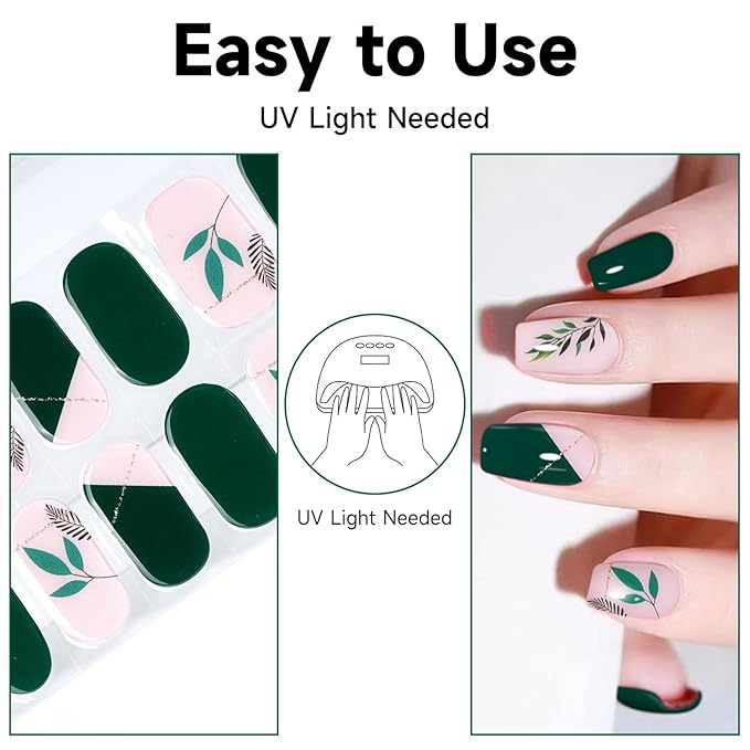 Semi Cured Gel Nail Strips (Green), 28 pcs Gel Nail Stickers, Work with Any UV Lights, Long-Lasting NailWraps for Women Art DIY Gift, Salon-Quality, Easy to Apply & Remove