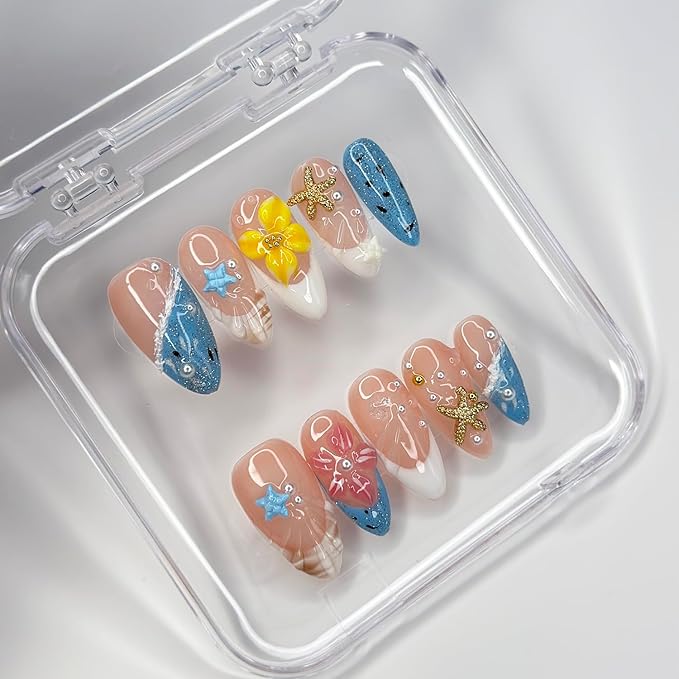 Luxury Press on Nails Medium Almond Handmade 3D Unique Reusable ABS Material Fake Nails Beach French Tip False Nails with Designs Pearls Floral Art Petal Glossy Glue onThick Acrylic Nails(S)