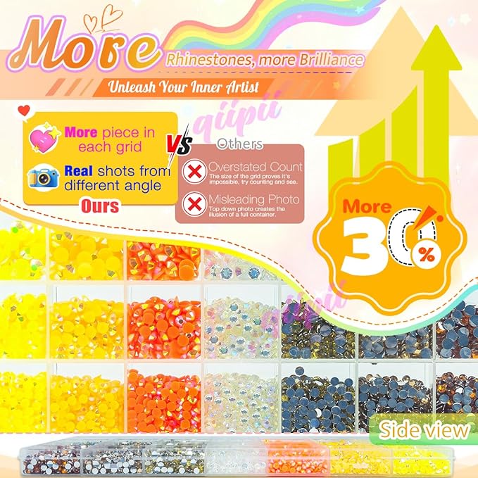 28 Types Yellow Jelly Resin Rhinestones w B7000 Jewelry Glue for Bedazzling Crafting 3mm-6mm Flatback Colorful Orange Golden AB Stones Gems Diamonds for Nails Face Eyes Makeup Crafts Tumblers