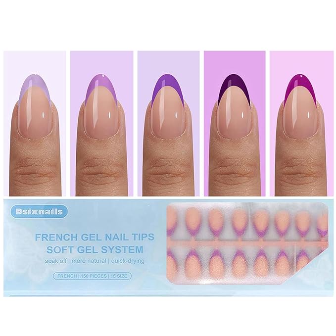 Purple French Gel Nail Tips, 150Pcs Short French Tip Press on Nails, Pre-Matte Full Cover Almond Acrylic Fake Nails, Soak off False Nail Tips for Women Nail DIY Extension 15Sizes