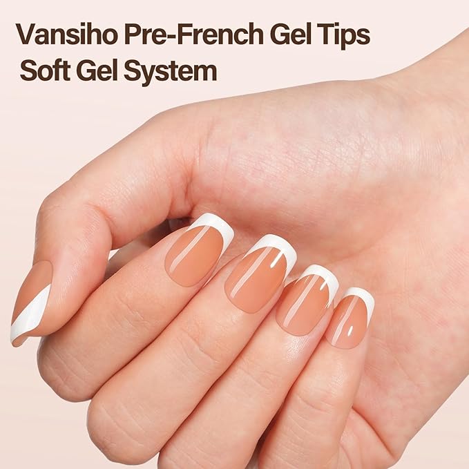 150Pcs French Gel Nail tips, Vansiho French Tip Press on Nails, Short Square Soft Gel Nails False Nail Brown, Acrylic Fake Nails for Nail Art DIY 15 Sizes