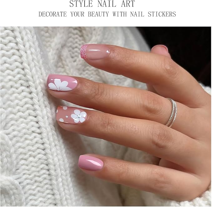 JMEOWIO Gel Nail Stickers French Tip Pink White Flower Semi Cured Gel Nail Strips Wraps UV/LED Nails Art Design Decoration Accessories