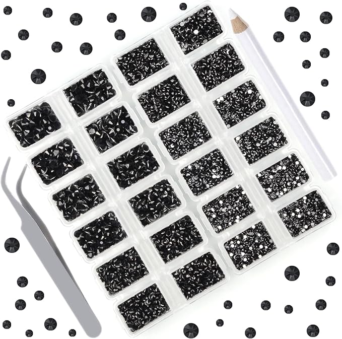 10000 Pieces Rhinestones 6 Sizes Round Crystal Glass Flat Back Rhinestones with 1Tweezers and 1Picking Pen for Nail Art Crafts Clothes Bags DIY (Black)