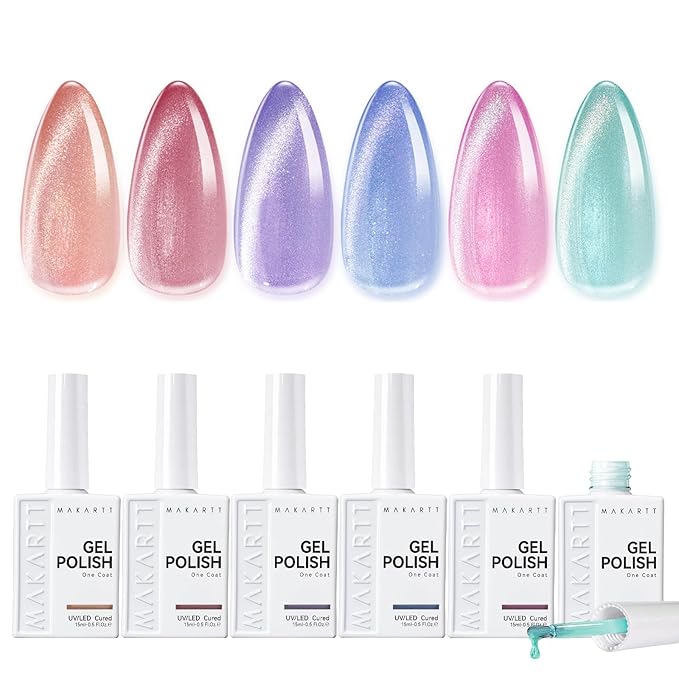 Makartt Cat Eye Gel Nail Polish Set: 6 Colors Shimmer Magnetic Gel Polish Kit 15ML One N'Done Holographic Green Pink Blue Purple Nail Polish Soak Off UV LED Nail Art Manicure Gift for Women