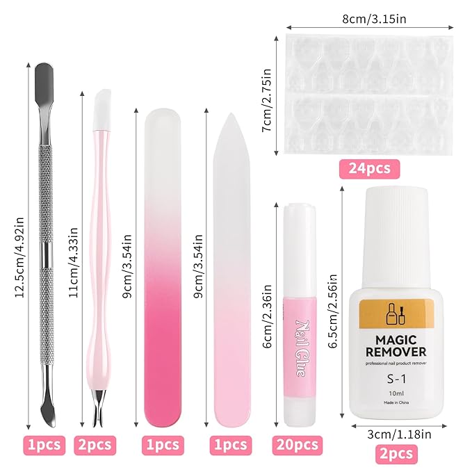 TADOPRO 28Pcs Nail Glue & Remover Set, 20Pcs Press on Nail Glue Strong 2Pcs 10ML Nail Glue Remover with 3 Cuticle Pusher 2 Nail File Easy to Apply Nail Tips & Acrylic Fake Nails Quick Drying Adhesive