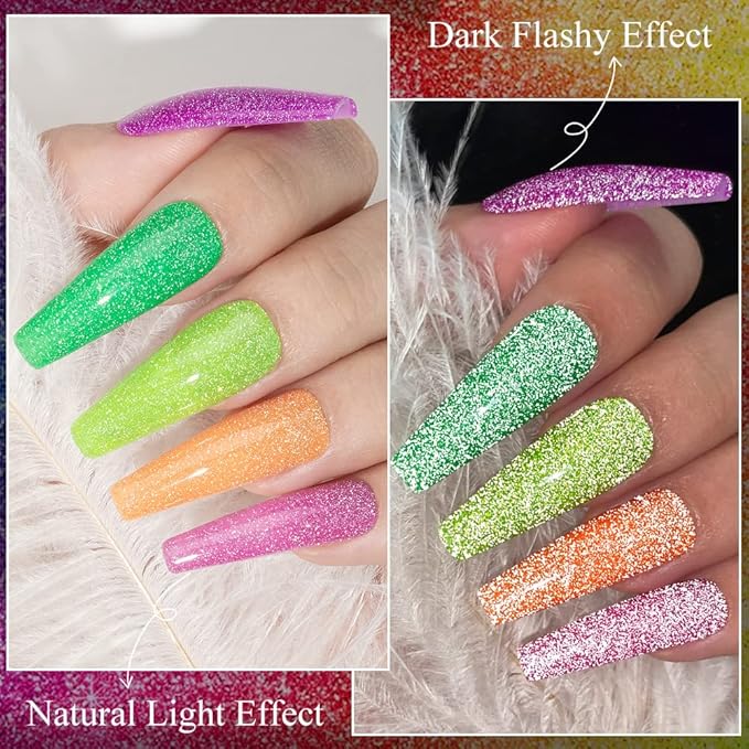 MIZHSE Neon Reflective Gel Polish Set,Sparkly Shiny Disco Shimmer Nail Polish Gel Kit Fluorescent Bright UV LED Soak Off Glitter Nail Gel Polish for DIY Nail Art Salon