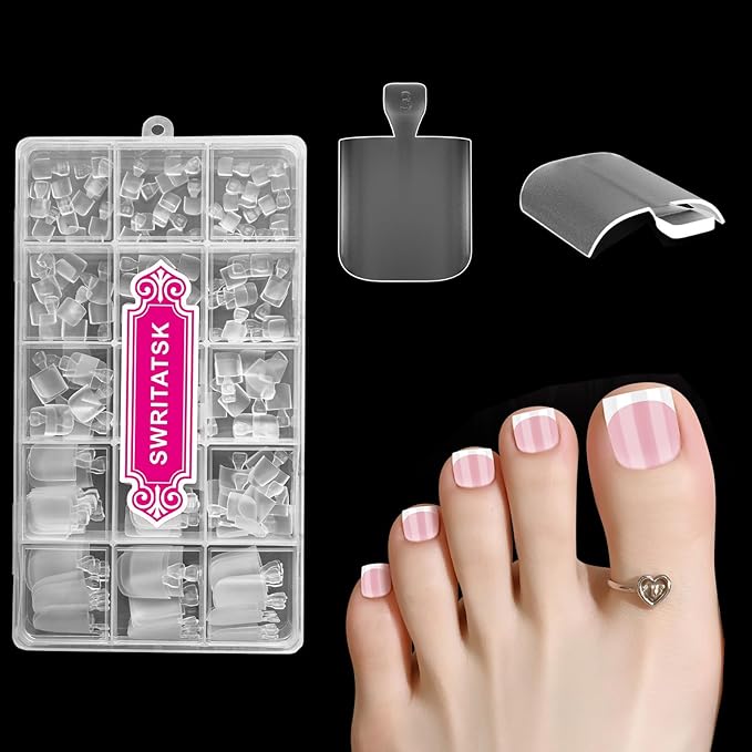Toe Nail Press Ons Toenails,180Pcs Thick Toe Nail Tips,French Toe Press On Nails,15 Sizes Toe Nails Press On Toenails For Women,Square Fake Toenails,Pre-Designed Clear Soft Gel Toe Nails