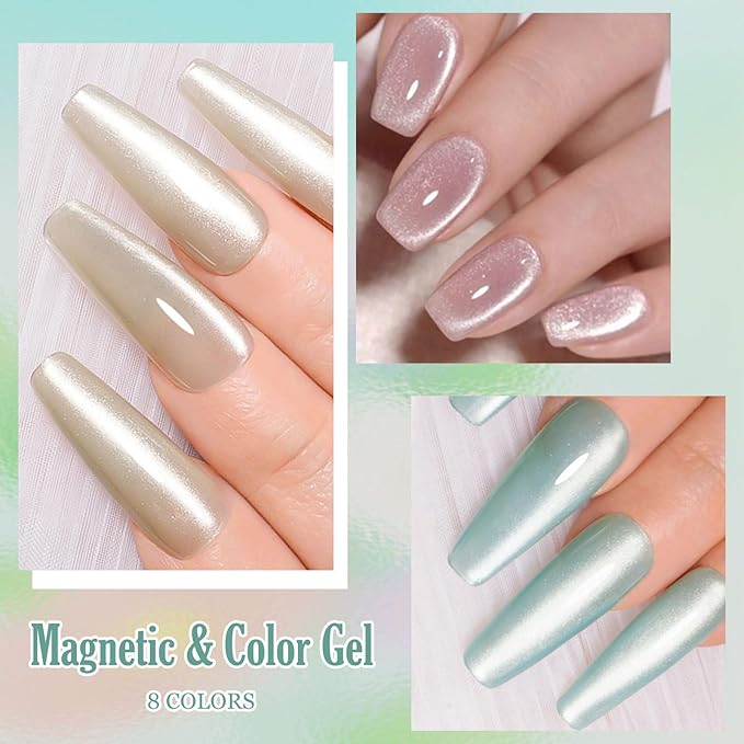 MEET ACROSS 8pcs Gel Nail Polish Set, Soak off UV LED Lamp Gel Nail Polish Cat Eye Set Home Gel Manicure Kit 7ml (Cat Eye + color Gel-3)