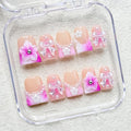 Luxury Handmade Duck Press on Nails Gradient Pink French False Nails with Glue,Medium Fake Nails Bow Art ＆ 3D Flower Design Muti-Layer Gel Thick Press ons Nail Reusable Acrylic Nails for Women(Size S)