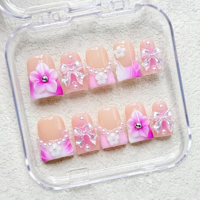 Luxury Handmade Duck Press on Nails Gradient Pink French False Nails with Glue,Medium Fake Nails Bow Art ＆ 3D Flower Design Muti-Layer Gel Thick Press ons Nail Reusable Acrylic Nails for Women(Size S)