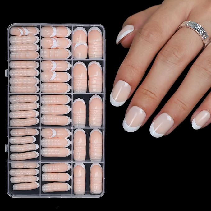 Anyos French Tip Press On Nails-300Pcs Short Oval French Gel Nail Tips Short,No File Need Tips Pre-Designed,Fake Nails for Nail Art DIY 15Sizes(Nude)