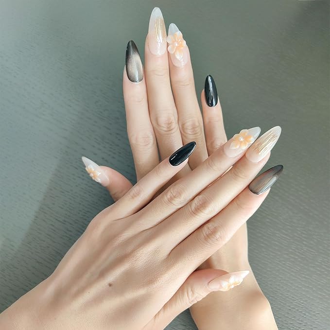 10 Medium Almond Handmade Press On Nails | Edgy Feminine Brown Cat Eye Fake Nails with 3D Floral, Gold Brushed & Black Accents | Reusable Salon Quality Nails (5U05, S)