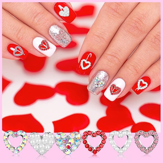Sadnyy 100 Pcs Valentine Heart Nail Charms for Nail Art, 3D Heart Rhinestone Decals Silver Crystal Charms Diamond Alloy Gems for Women Valentine's Decorations(Elegant)