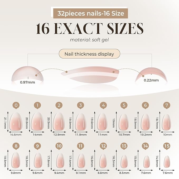 UNA GELLA Press On Nails Short Almond: Ombre Soft Gel Press Ons Kit with Nail Tips Glue on Nails, 16 Sizes - 32 Reusable Fake Nails, Pink Cream