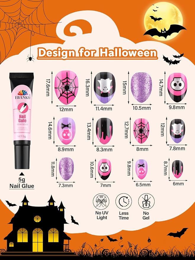 72Pcs Halloween Press on Nails, Fake Nails Full Cover Cute False Nails with Skull Designs Dark Glossy Stick on Nails for Girls Kids with Nail Glue