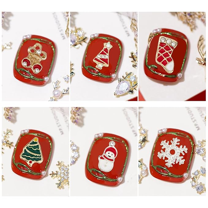 NICENEEDED 60 Pcs Christmas Nail Charms, Santa Claus Snowman Snowflake Nail Art Decorations, Rhinestones Bell Xmas Tree Nail Art Jewels Nail Gems for Nail Art Design DIY Crafting Christmas Party