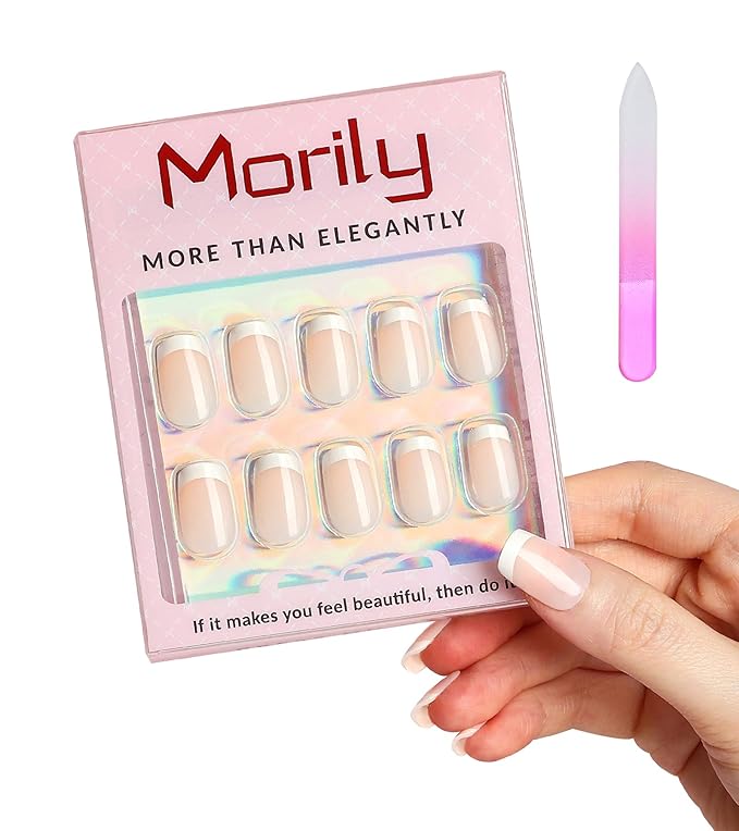 Morily 30PCS Press on Nails, Thicker Fake Nails with Designs Acrylic Stick on Nails for Women Full Cover Finger Manicure False Nail tips in 15 Sizes (Classic French - Nude Pink)