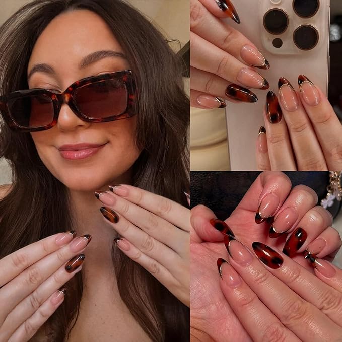 VSALON Press on Nails Medium Almond - Tortoise Shell French Tip Glue On Nails Kit for Women, Opaque Salon Quality Fake Nails - 32 PCS Stick on Nails in 16 Sizes with Glue & Cuticle Oil
