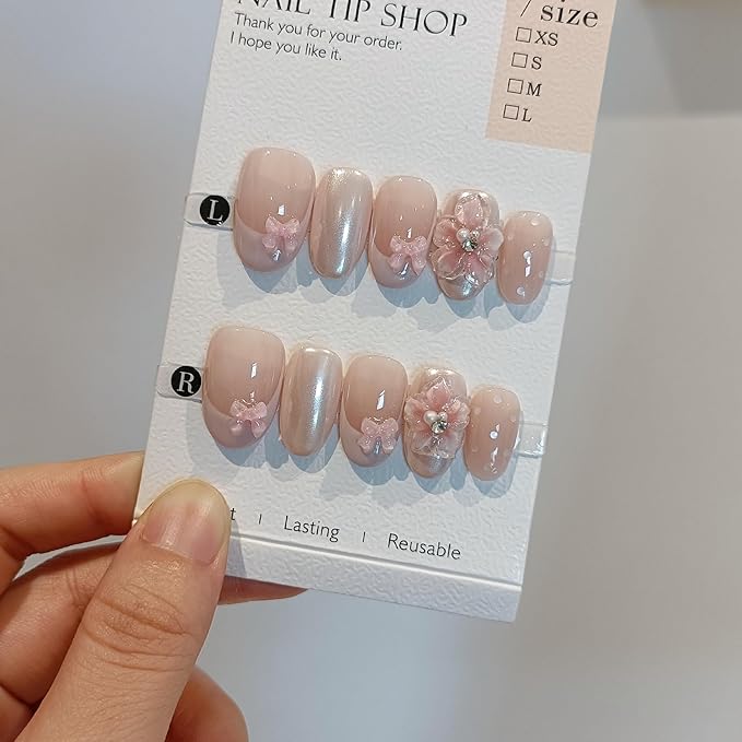 Pink French Tips Press on Nails Short Oval 10 Pcs with Tool Kit,3D Flower Fake Nails with Gel Effect,Handmade Pink Sweet Cute Nails with Bow & Dots Designs,Easy Press ons Whitening Nails(L)