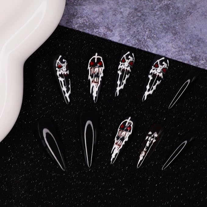 6 Packs 144Pcs Halloween Acrylic Press on Nails Kit, Reusable Full Cover Fake Nails, Stick on Glue on False Nails for Women & Girls
