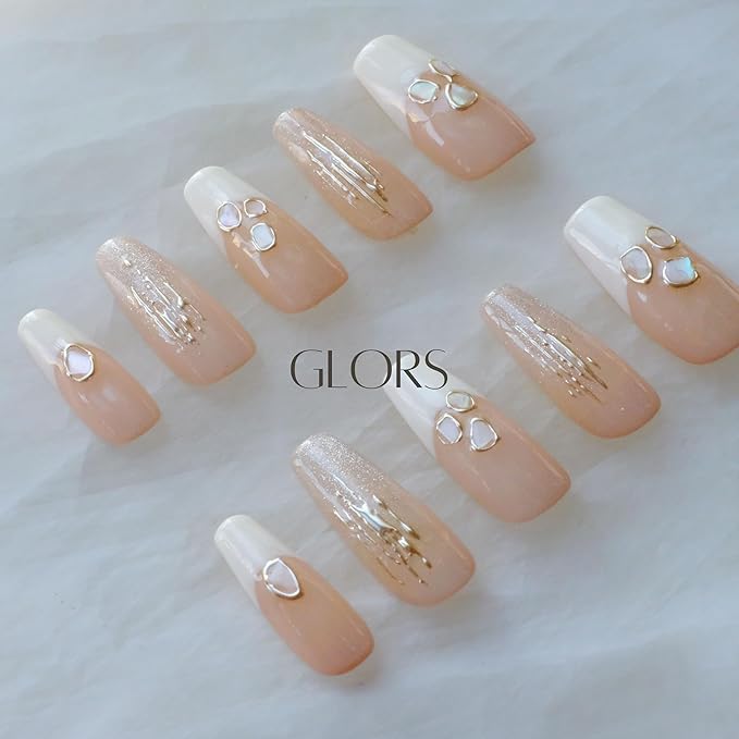 Handmade Press On Nails, Long Ballerina Shape, Pink and White Shell Design, 10 Pieces (Large,LB)