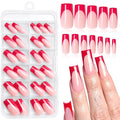120PC Red French Tip Press on Nails Medium Fake Nails Press ons with 5*Adhesive Tabs, Pink Square Acrylic Nail Press on Nail French Tip Nails False Artificial Fingernails Stick on Nails-D