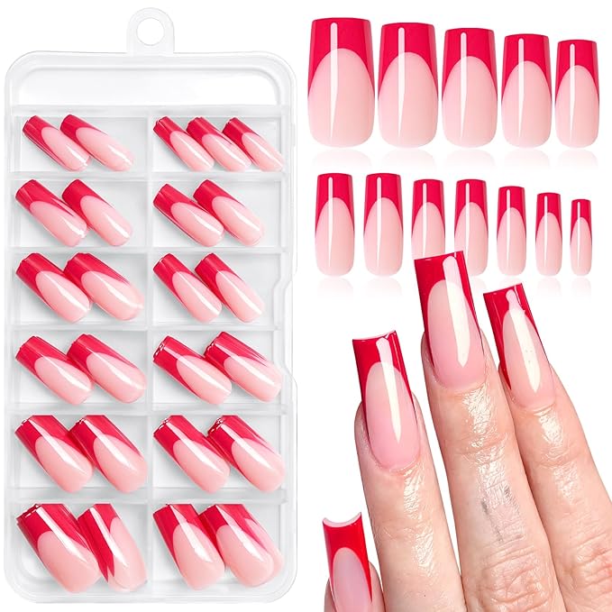 120PC Red French Tip Press on Nails Medium Fake Nails Press ons with 5*Adhesive Tabs, Pink Square Acrylic Nail Press on Nail French Tip Nails False Artificial Fingernails Stick on Nails-D