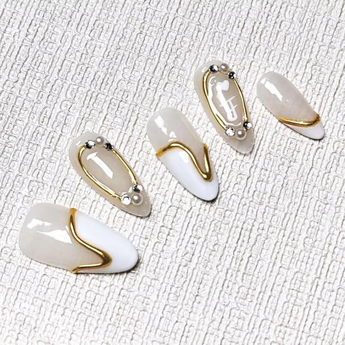 Small MAGLFELL Women Press On Nails - White Almond False Nails 10Pcs Luxury Handmade 3D Painting Art ABS Acrylic Artificial-S size