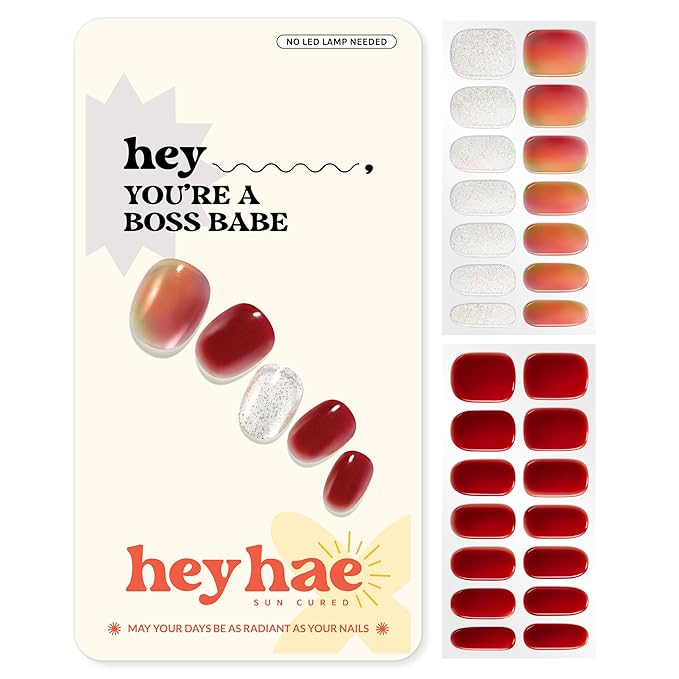 Heyhae Semi Cured Gel Nail Strips | No LED Lamp Needed | Marble, Red | Easy Apply & Remove, Salon Quality | Includes 28 Strips, 1 Prep Pads, Nail File & Wooden Stick - Hey, You're a Boss Babe