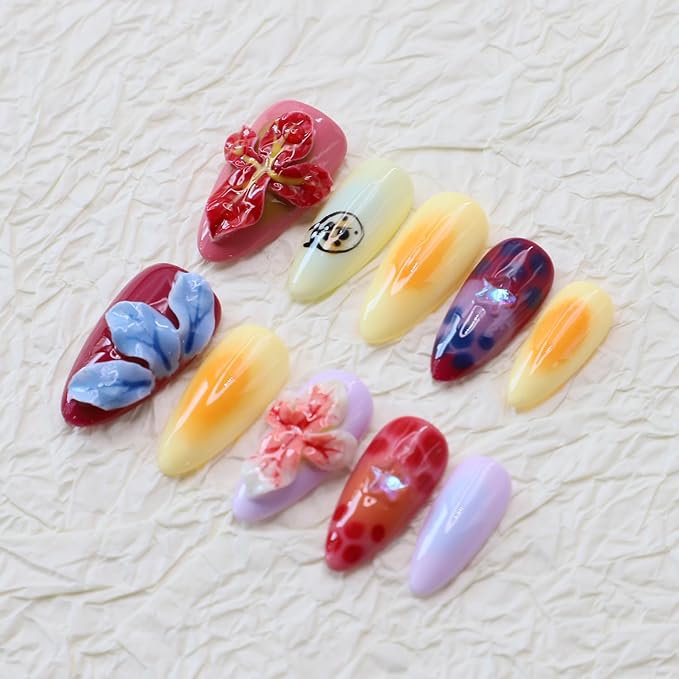 Handmade Press on Nails Medium Almond Nails Thick Fake Nails with Glue,Colourful False Nails with 3D Tropical Flower Art Design Acrylic Nails Nature Stick on Nail for Wome (Size M)