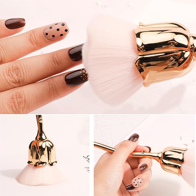 WOKOTO 2pcs Red And Gold Rose Shape Nail Dust Brushes Make Up Brush Set Nail Art Powder Remover Brushes Soft Foundation Brush Cleaning Dust Cleaner Brush For Nail Trimming Cleaning Tools For Nails