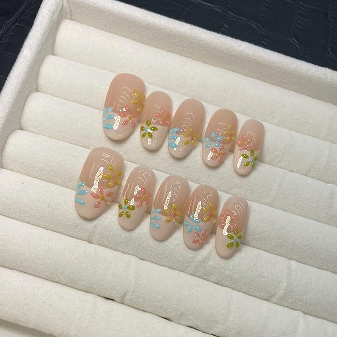 Handmade Press on Nails French Press on Nails Medium Almond Fake Nails Pink False Nails Full Cover Design Colorful Flower False Nails Reusable Acrylic Nails for Women Art Manicure (Size S)